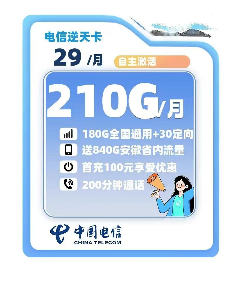 电信神卡——全国流量180G+定向流量30G+200分钟通话，仅29元。